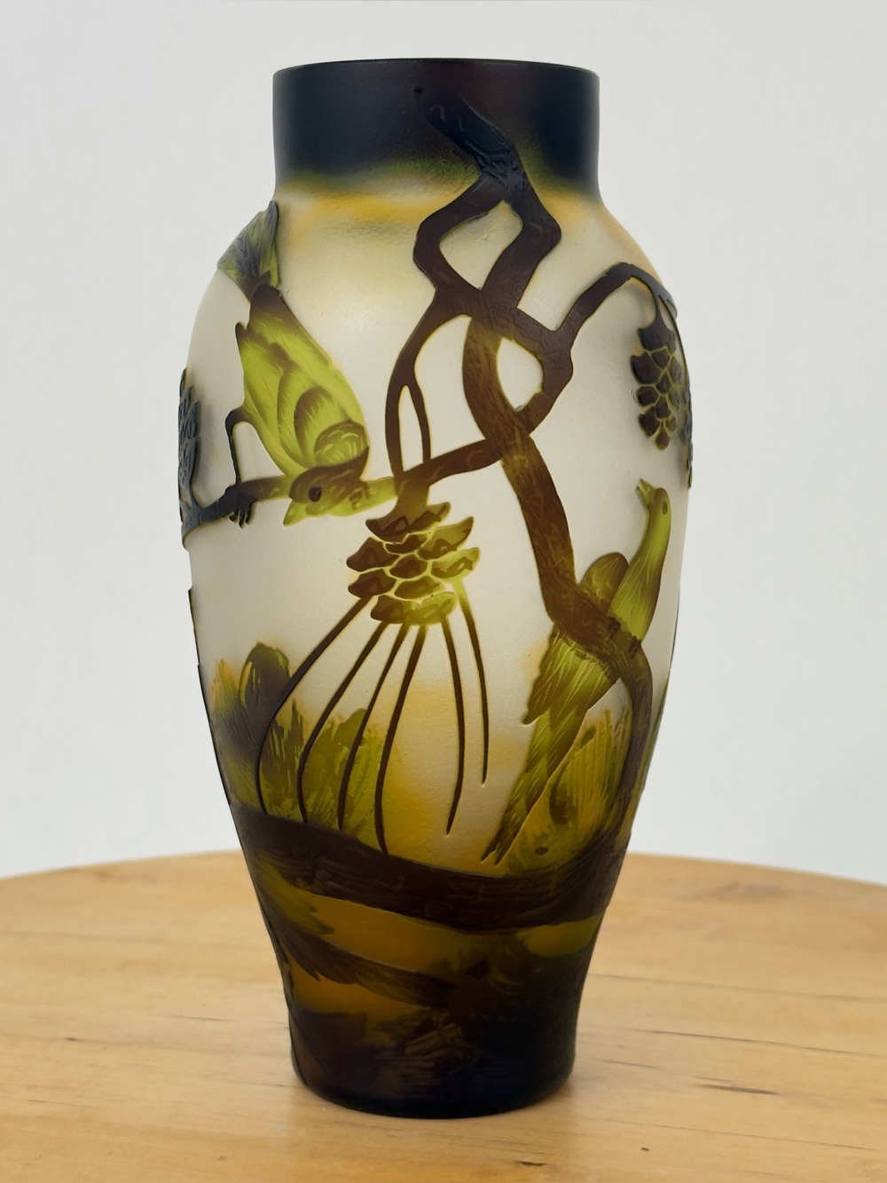 Art Nouveau Style Chinese Peking Cameo Overlay Glass Vase Hand Carved Bird/ Tree